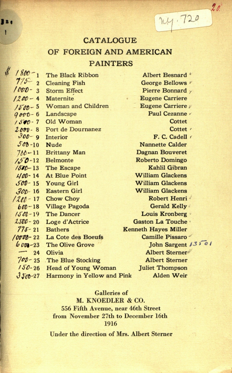 Foreign and American Painters [Catalogue], New York: M. Knoedler & Co., November 27-December 16, 1916.